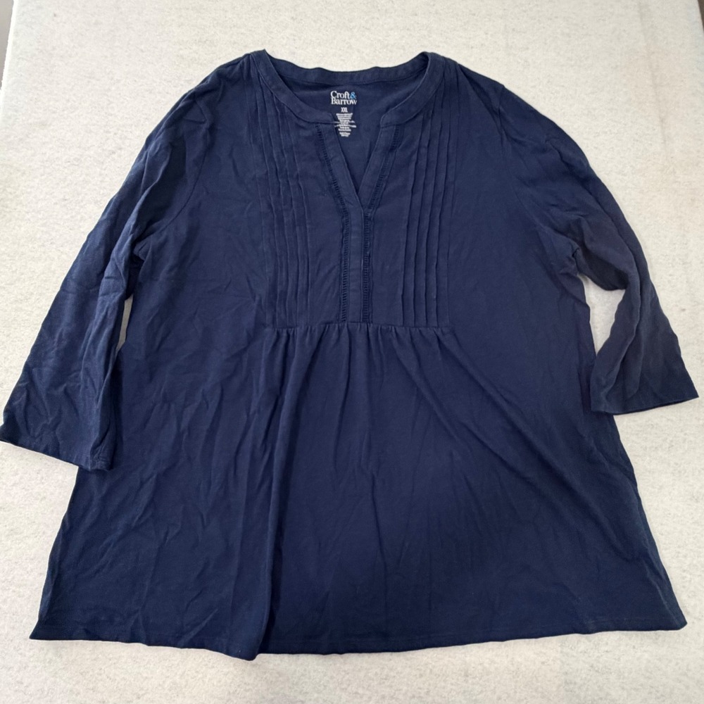 Croft & Barrow Womens XXL Navy Blue Pintuck Split Neck 3/4 Sleeve Knit Top